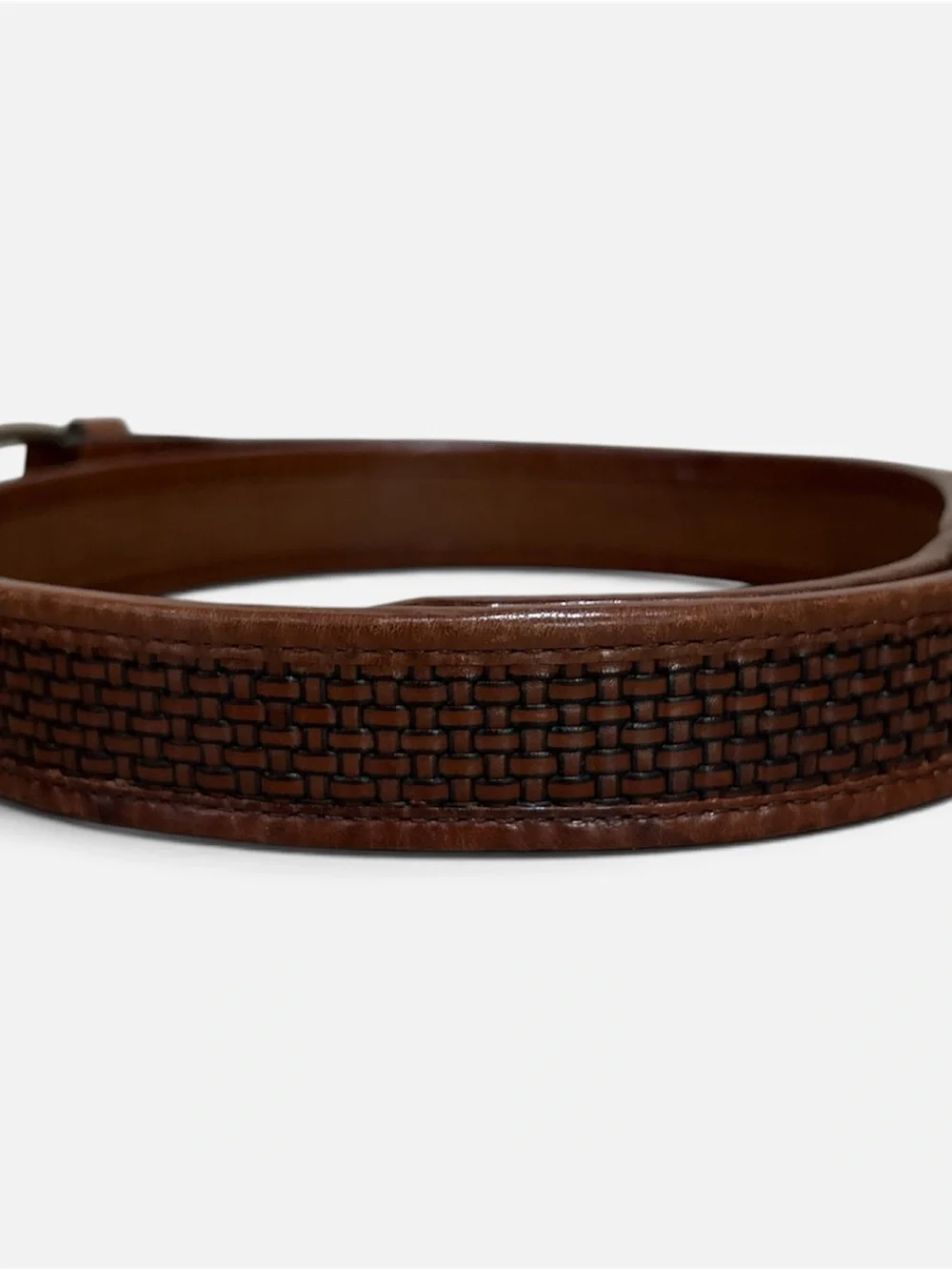 Tommy Bahama Brown Woven Leather Belt with Brushed Silver Buckle